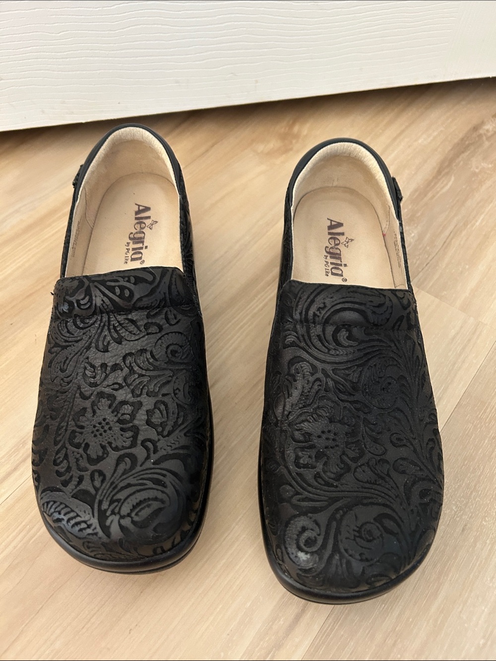 Alegria Black Embossed Paisley Leather Clogs
